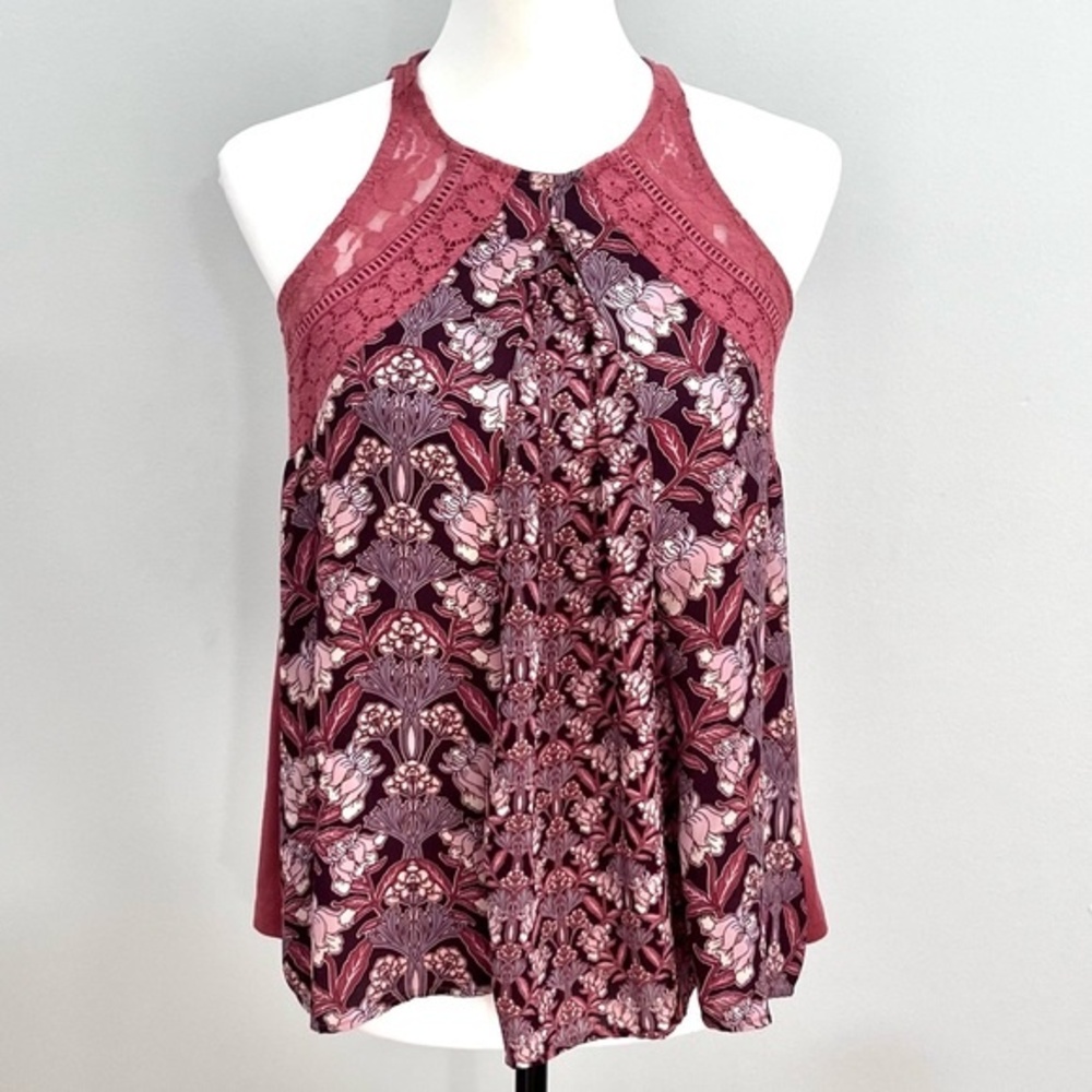 Mauve floral and lace mixed media top size small
